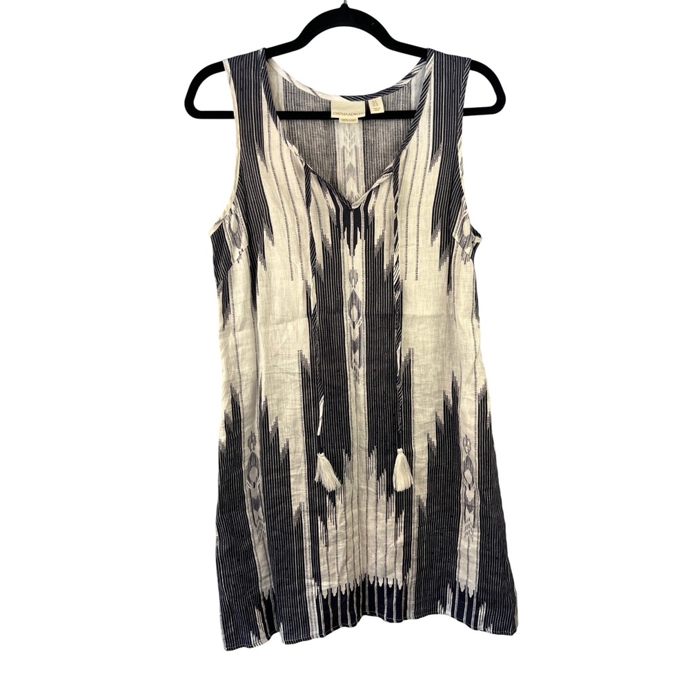 Cynthia Rowley Navy White 100% Linen Sleeveless Dress SZ6 Aztec Southwestern - Picture 2 of 6